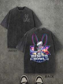 Bad Rabbit Benito Bowl LX Neon Double Bunny Ears & Trophy Vintage Washed T-Shirt Double Sided Printed (230g 100% Cotton T-Shirt),Spring Clothes, Women's Tops, Casual And Comfortable, Fashionable T-Shirt, Unisex StyleNew Stylish T-Shirt - 黑色 - 查看 1