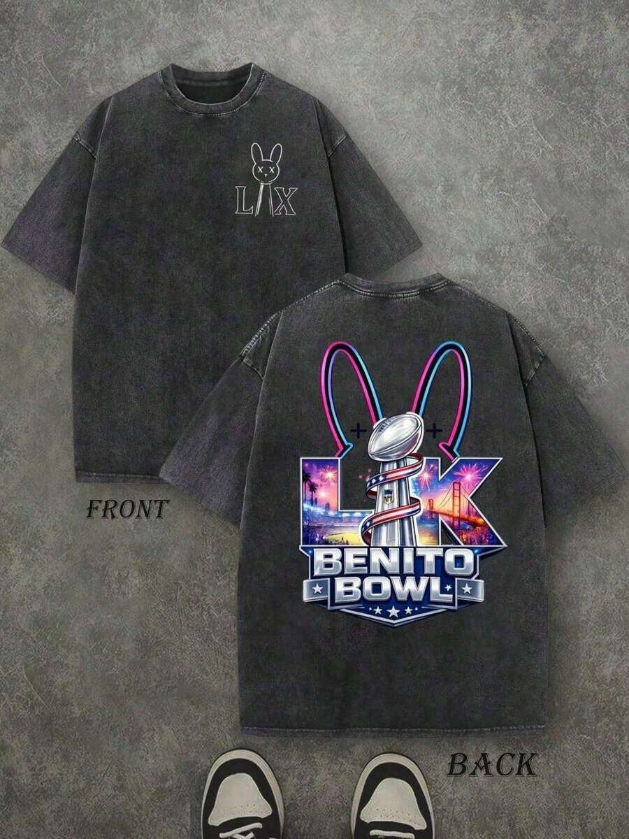 Bad Rabbit Benito Bowl LX Neon Double Bunny Ears & Trophy Vintage Washed T-Shirt Double Sided Printed (230g 100% Cotton T-Shirt),Spring Clothes, Women's Tops, Casual And Comfortable, Fashionable T-Shirt, Unisex StyleNew Stylish T-Shirt - 黑色 - 查看 1