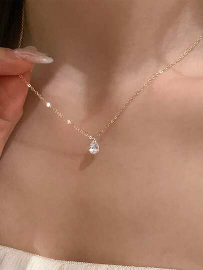 1pc S925 Sterling Silver Teardrop Zirconia Pendant Necklace, Geometric Y-Shape Long Tassel Chain, Minimalist & Elegant, Suitable For Women's Daily Wear Or Gift