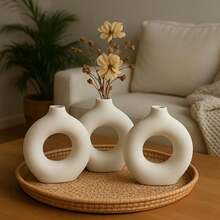 Trio Of Round Minimalist Vase Donuts Donut Black Abstract Modern Minimalist Black And White - White - View 4