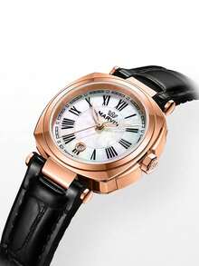 Marvin Reloj de mujer de alta calidad con movimiento de cuarzo suizo, pantalla de fecha de 3 manecillas, movimiento de cuarzo, cristal de zafiro, esfera de nácar, correa de cuero genuino - Negro - Ver 3