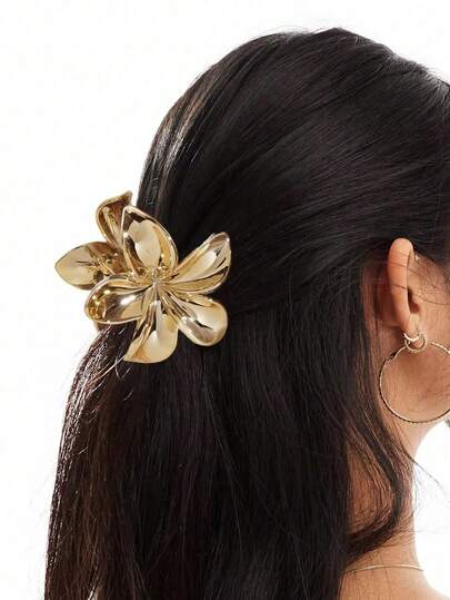 1pc Women's Solid Color Gold And Silver Seaside Vacation Style Plumeria Hair Claw For Daily Wear, Flower Hair Accessory, Can Be Used As A Gift