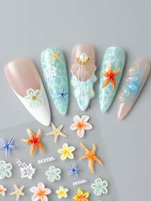2片装3D立体浮雕芙蓉花、兰花、海星图案美甲贴纸，春季海滩度假夏季海洋动物五瓣花美甲装饰贴纸 - 彩色 - 查看 3