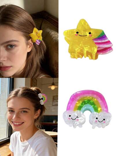 2pcs Women's Cute Rainbow Cloud, Cartoon Star Acrylic Small Hair Clips, Daily Styling Accessories, Suitable For All Occasions, Y2K Style Hair Accessories