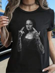 Women'S Casual T-Shirt - Mona Lisa Graphic Print Tee - Classic Art, Relaxed Crew Neck Top - Breathable, Lightweight, And Comfortable, Perfect for Spring And Summer Wardrobes - Negro - Ver 1