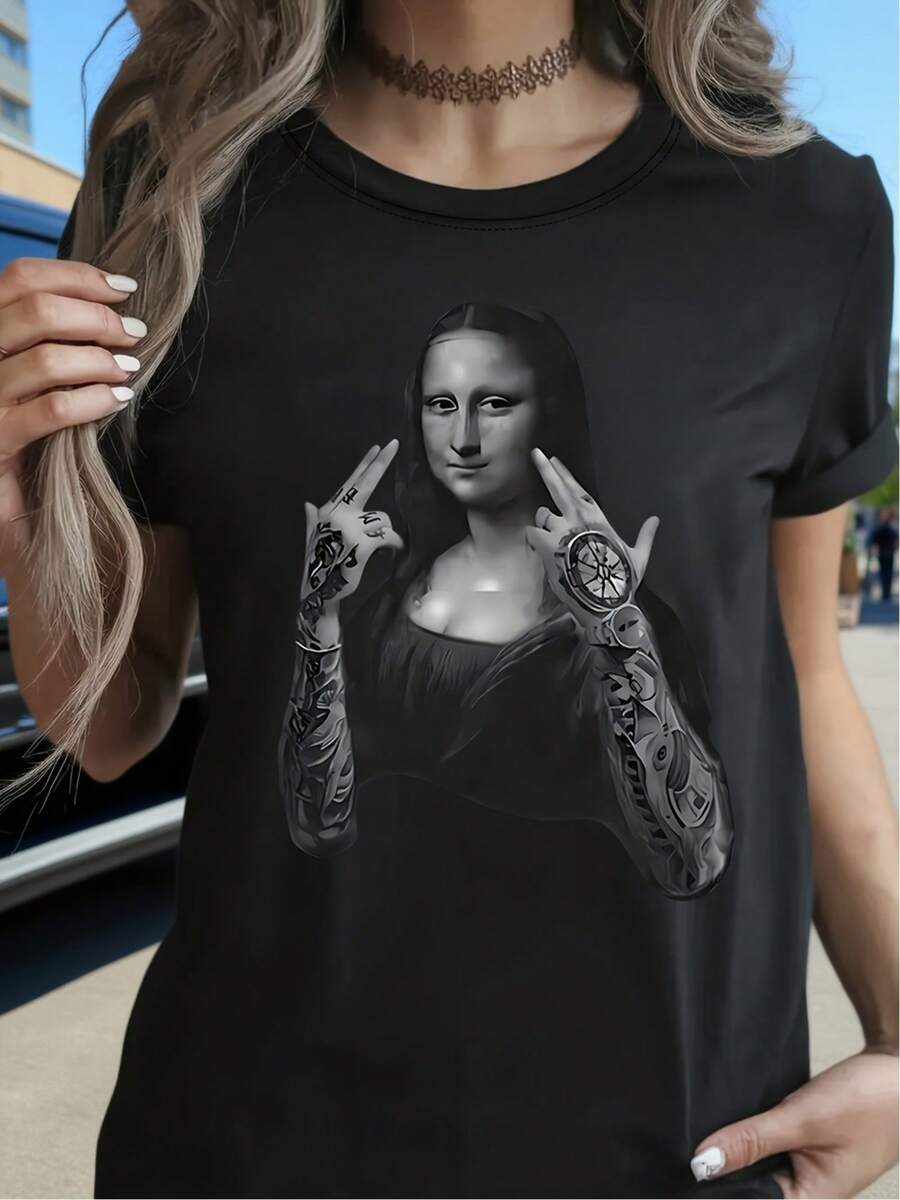 Women'S Casual T-Shirt - Mona Lisa Graphic Print Tee - Classic Art, Relaxed Crew Neck Top - Breathable, Lightweight, And Comfortable, Perfect for Spring And Summer Wardrobes - Negro - Ver 1