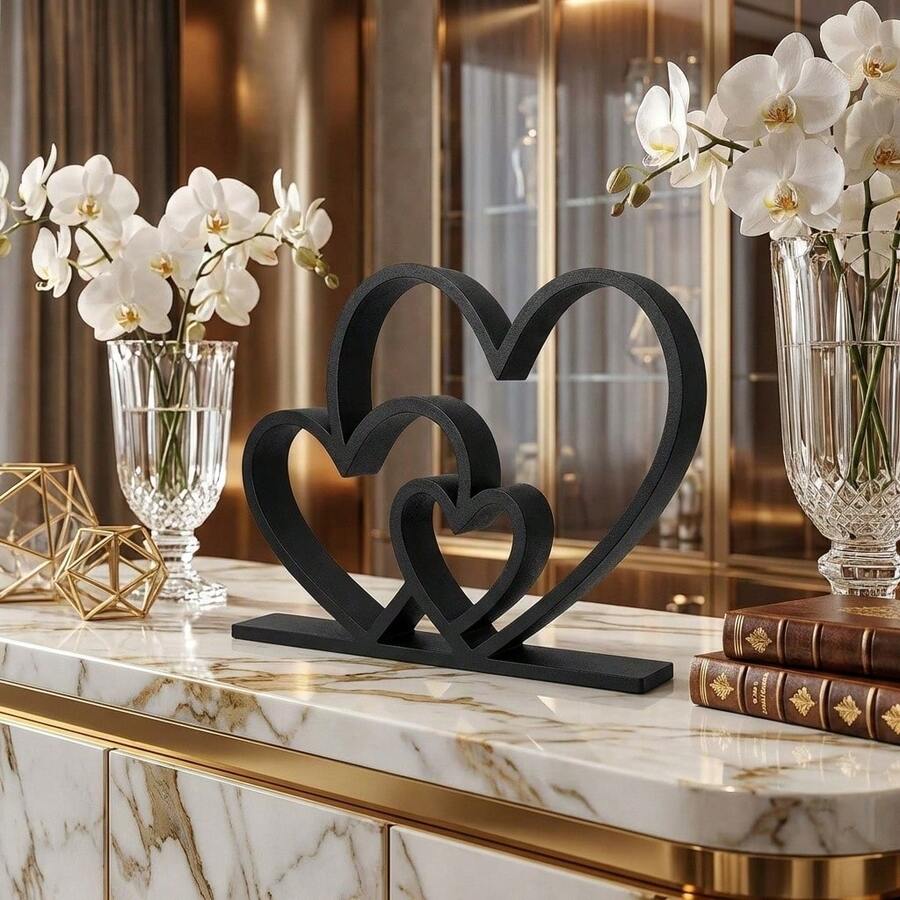 Đồ trang trí để bàn hình trái tim lồng vào nhau theo phong cách tối giản hiện đại, tượng trái tim bằng nhựa, đồ trang trí trái tim lãng mạn thích hợp cho kệ sách, bệ lò sưởi, bàn làm việc văn phòng, quà tặng kỷ niệm ngày cưới (Đen/Trắng/Hồng/Đỏ) - 1PC - Xem 1
