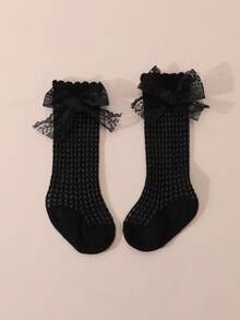 1 đôi tất cao cổ bằng vải lưới cotton dễ thương, trang trí nơ ren, dành cho bé gái, thích hợp cho mùa xuân/hè. - màu đen - Xem 9