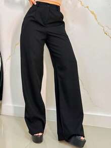 Women's Tailored Wide Leg Pants With Button And Zipper - Black and White - View 1