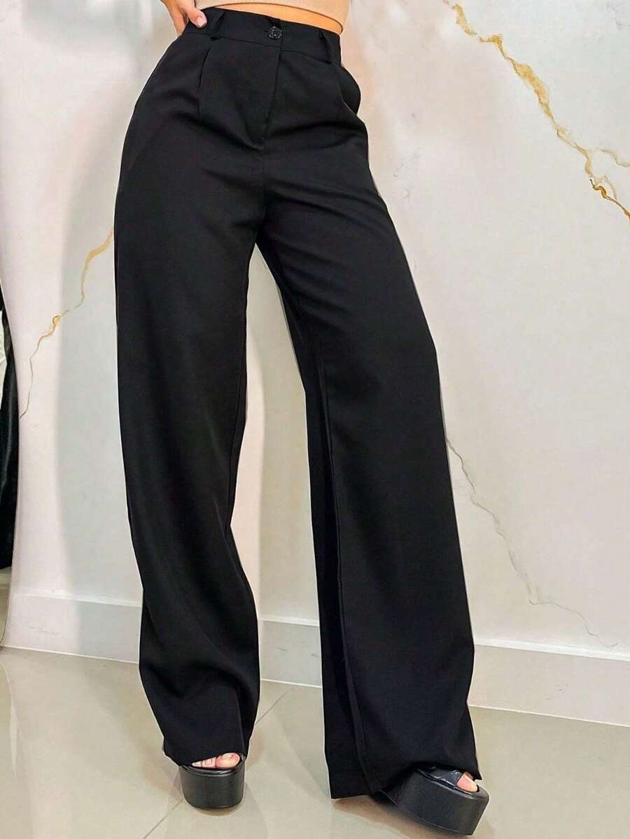 Women's Tailored Wide Leg Pants With Button And Zipper - Black and White - View 1
