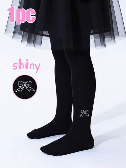 1pc Girls' Shiny Rhinestone Butterfly Decor Thin Pantyhose Tights, Fashionable Rhinestone Black Stockings, Suitable For Girls' Outdoor Activities