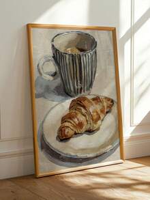 1pc Canvas Wall Art, Framed Wall Decor, Blue Striped Mug And Croissant Art, Vintage Cafe Painting, Coffee And Croissant Art, Kitchen Poster, French Vintage Print, Cafe Wall Art, Italian Kitchen Decor, Breakfast Poster Aesthetic, Modern Home Decor, Room Decor Aesthetic, Dorm Decor, Bedroom Decor, Living Room Decor, Bathroom Decor, Kitchen Decor, Dining Room Decor, Office Decor, College Style Art, Apartment Decor, Holiday Gift - Coffee - View 2
