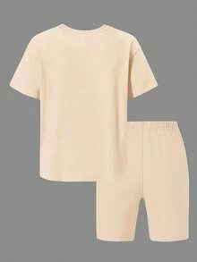 两件套少女度假风套装，芙蓉花印花宽松T恤，骑行短裤，适合朋友购物、周末聚会、日常休闲穿着 - 杏色 - 查看 3