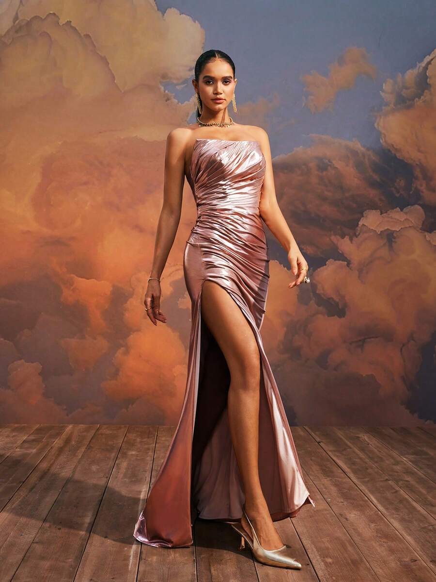 VIPGIRL 优雅金属玫瑰金无肩带高开衩晚礼服，优雅派对礼服，女士舞会礼服，正式晚礼服 - 玫瑰金 - 查看 1