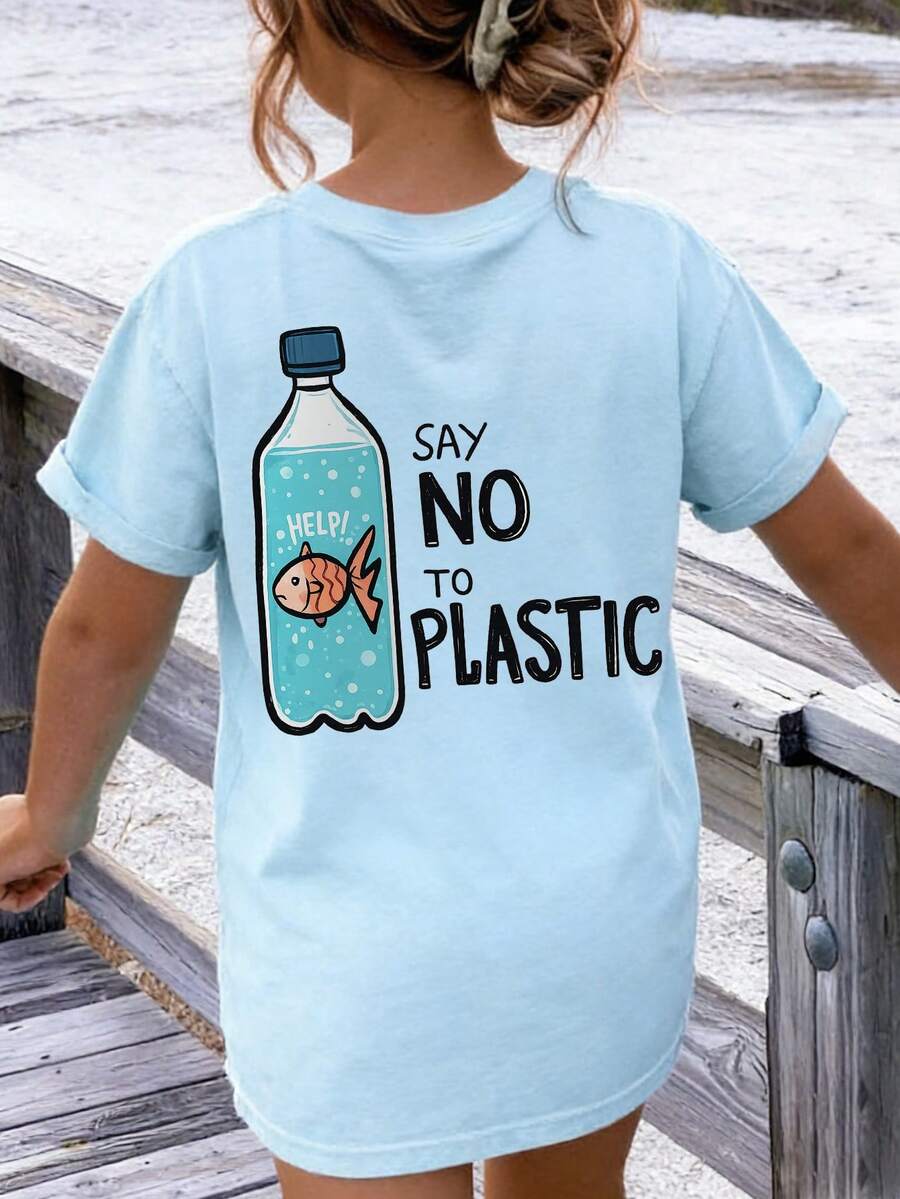 少女学生休闲印花圆领短袖T恤，夏季上衣 - 淺藍色 - 查看 1