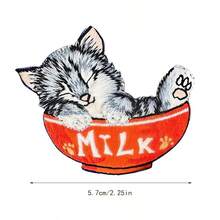 1 pieza Parche bordado con gatito lindo, parche con diseño de gatito en tazón de leche, para planchar, decoración de bordado DIY - Multicolor - Ver 2