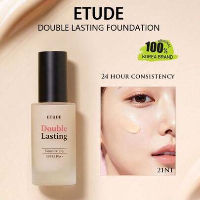 ETUDE 双效持久粉底液 21N1，轻盈配方，易于涂抹，自然持久的半哑光妆效，均匀肤色，韩式彩妆