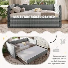 YOGLAD Full & Twin Size Cozy Gingham Daybed With Trundle, Linen Sofa Bed With USB Charging Port, Wave-Shaped Backrest, Multifunctional Guest Bed For Adults, No Box Spring Needed, Stylish Plaid Design, Easy Assembly - Xem 9