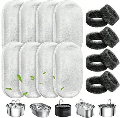 Cat Water Fountain Filters, 8 Pack Pet Replacement Filters With 8 Sponges For Stainless Steel 67oz/2L, 108oz/3.2L And 135oz/4.0L Faucet-Shaped Pet Water Fountain Dog Water Dispenser