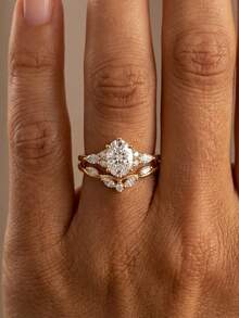 2 piezas Conjunto de anillos ovalados cruzados - Conjunto de joyas con flores afortunadas de moda, adecuado para uso diario, regalos de Navidad, Año Nuevo y San Valentín - Dorado - Ver 4