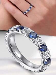 1pc Elegant Blue Cubic Zirconia Ring, Women's Wedding Engagement Party Jewelry, Valentine's Day Gift - 1# - View 9