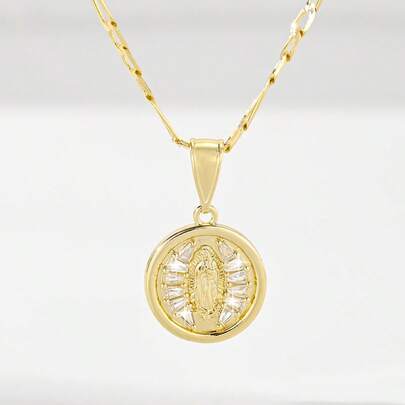 1pc Classic European And American Design Copper Inlaid Zirconia Guadalupe Virgin Mary Pendant Necklace, Limited Edition, Suitable For Christmas/Thanksgiving/Halloween/Mother's Day/Valentine's Day Gifts For Couples/Friends/Godparents, Catholic First Communion, Gifts, Daily And Holiday Wear And Prayer