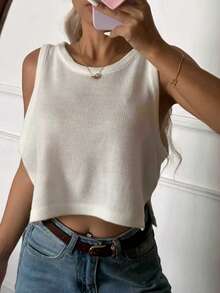 Camiseta de tirantes corta y de cuello redondo para mujer, de estilo minimalista básico de verano, de tela de punto transpirable, de unicolor, con ajuste relajado, de estilo casual, adecuada para uso diario, playa y viajes - Blanco - Ver 2