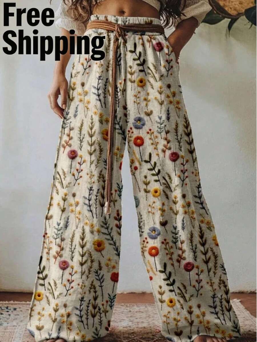 2026 Women's New Arrival Beige & Multi Wildflower Print Wide Leg Elastic Waist Bohemian Pastoral Style Casual Pants - 卡其色 - 查看 1