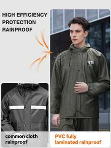 Men's Rain Suit, Black Thickened Adult Motorcycle Rain Jacket, Suitable For Cycling, Outdoor Work And Hiking. Made Of PVC Material, Slim Fit Design. - Men's Raincoat - View 8