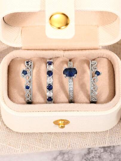 4 Pcs Fashion Cubic Zirconia Rings With Box For Women For Wedding Engagement Anniversary Party Jewelry Valentine's Day Gift