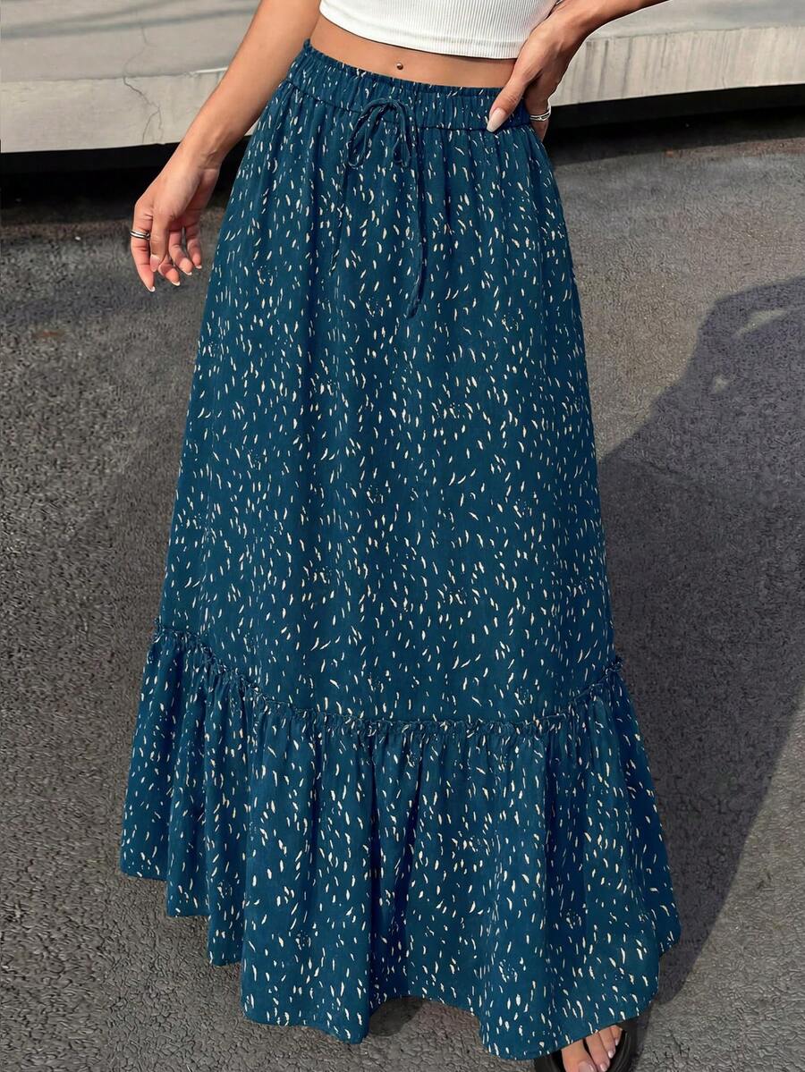 Women Floral Boho Elastic High Waist Flowy Tiered A-Line Maxi Skirt Spring Summer Holiday Beach Vacation Long Skirts With Pockets - 藍色 - 查看 1