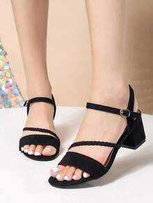 女士黑色高跟凉鞋，时尚编织带粗跟高跟鞋，仙女风夏季新款百搭户外鞋，黑色绑带高跟凉鞋，适合搭配连衣裙、旗袍。 - 黑色 - 查看 4