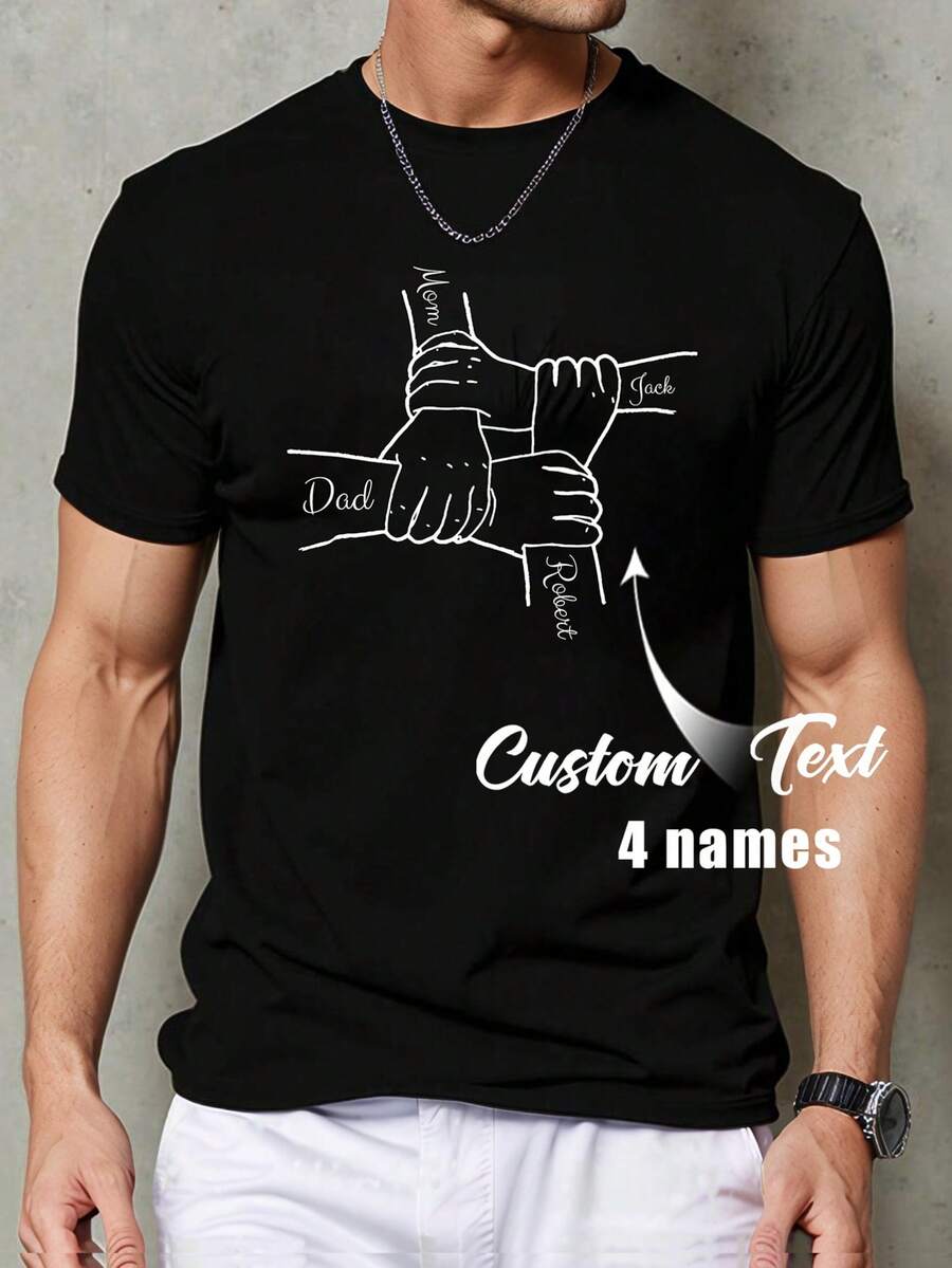 Camiseta casual de hombre con cuello redondo y corte holgado - Agrega tu propio diseño de texto y estampado personalizado. Diseñada con un patrón cálido de una familia tomados de la mano, puedes agregar libremente tu propio texto y nombre para crear una marca personal única. - Negro - Ver 1