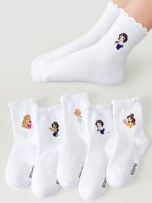 Disney 5 Paar Mädchen Weiße Spitzenrand Socken, süßes Cartoon Prinzessin Muster Dekor, lässige atmungsaktive Sportsocken, weich & bequem für Schule, neue Schulzeit, Geburtstag, Lässig - Verschiedenfarbig - Übersicht 2
