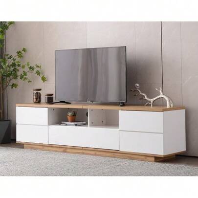 Modern Farbblock-TV-Schrank In White Ausführung, TV-Schrank Mit Holzmaserung, 180 Cm