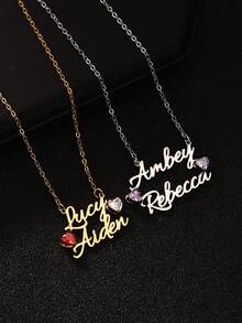 1 PC Custom Double Name Necklaces For Women Personalized Heart Birthstone Couple Stainless Steel Pendant Necklace Dainty Birthday Jewelry Gift - Multicolor - View 10