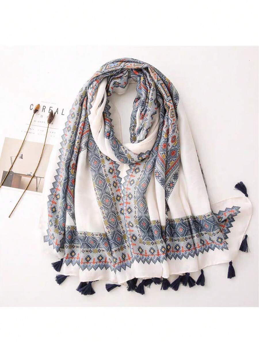 1pc Korean Spring/Summer New Rhombus Plaid Bohemian Style Soft Long Scarf, Versatile Sunscreen Shawl Headscarf - White - View 1