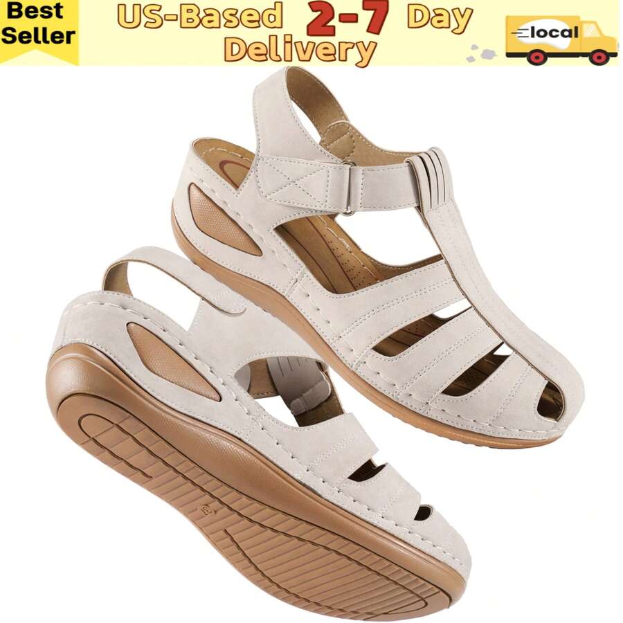Ecetana Women's Retro Wedge Slide Sandals- Super Breathable, Stylish Closed Toe Cut-Out Design With Arch Support.Women Summer Wedge Apricot Sandals,Perforated Closed Toe Slip On Sandals, Effortless Slip-On, Perfect For Match With Dress And Casual Outdoor - trắng - Xem 1