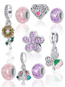 9件套紫色和粉色五瓣花、心形向日葵、生命之树、紫色和粉色树脂吊坠DIY配件 - 彩色 - 查看 2