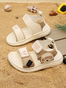 1 Pair Unisex New Design PU Hook And Loop Flat Cute Sandals, Soft Sole Non-Slip Baby Beach Shoes, Suitable For Summer - Beige - View 2