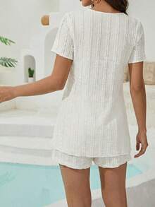 杏色短袖提花纹理面料露脐两件套波西米亚风度假套装，春夏款 - 杏色 - 查看 5