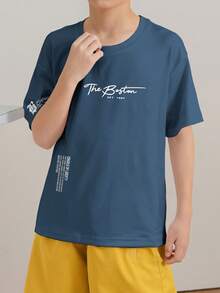 男童休闲印花圆领短袖T恤，夏季上衣 - 霧霾藍 - 查看 2