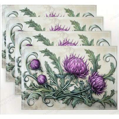 4 件套可水洗蓟花餐垫，适用于节日派对、家居装饰、厨房餐桌、长方形餐厅，让您的餐厅和厨房更加美观，是送给家人和朋友的绝佳生日和乔迁礼物。