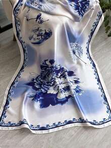 1pc Blue & White Floral Print Faux Silk Scarf, Fashion Versatile Shawl, Suitable For Spring/Summer, Travel & Photography - Blue - View 4