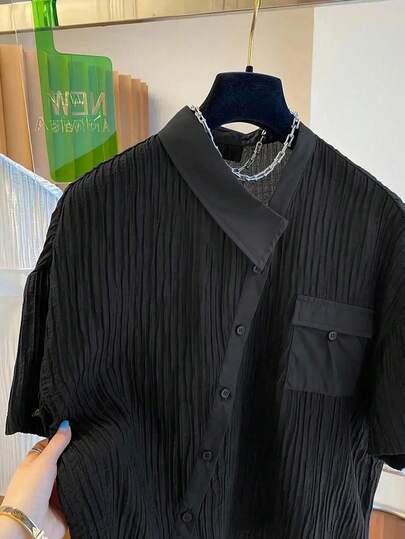 女士街头时尚不对称条纹短袖衬衫 黑色 夏季