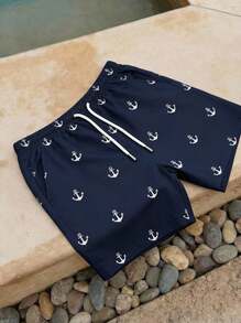 Open Phase 男士海洋元素 3D 数码印花休闲、沙滩、日常度假短裤，带抽绳，单层无衬里，夏威夷风 - 藍色 - 查看 2