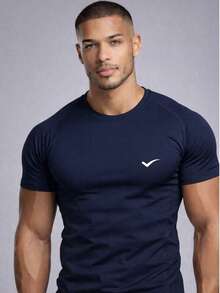 Men's Dry Fit Plain T-Shirt - Casual Workout Gym Sports Exercises Running Everyday - 藏蓝色 - 查看 5