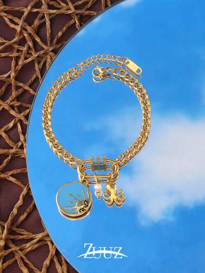 1pc Fashion Stainless Steel Octopus Blue Sun Charm Bracelet For Women Multiple Pendants Turnbuckle Bracelet Jewelry Gift Suitable For Women Daily Wear
