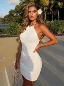 Đầm mini cổ yếm gợi cảm, thanh lịch màu trắng, hở lưng, ôm sát, không tay, thích hợp cho kỳ nghỉ, hẹn hò, tiệc tùng mùa hè. - trắng - Xem 4