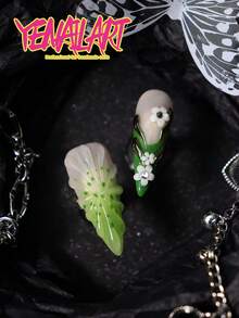 10pcs Press On Nails Acrylic Stiletto, Featuring Nude,Natural Looking Base, Green,Light Green,Gradient Color,French Tip,3d Three-Dimensional Decoration Element, White Floral, Nail Gems,Polka Dot,3d Three-Dimensional Decoration Butterfly Blingbling ,Cottagecore Metal Style Homemade Full Coverage Press On Nails Stiletto Set - Green - View 5